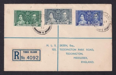 TURKS & CAICOS 1937 KGVI Coronación Cubierta Registrada a Inglaterra vía Nueva York Foto 1 de 2