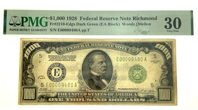 1928 $1000 US Federal Reserve Note FR 2210-Edgs Dark Green PMG VF30 Low Serial - Image 1 of 4