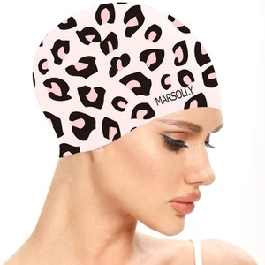 Swim Cap Women, Silicone Swimming Cap for Long Hair with Leopard Printed Pink - Picture 1 of 8