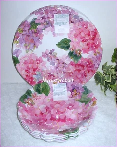 Shabby Chic Pink Hydrangea Melamine Dinner & Salad Plates - Set of 8 Sparkly - Picture 1 of 9
