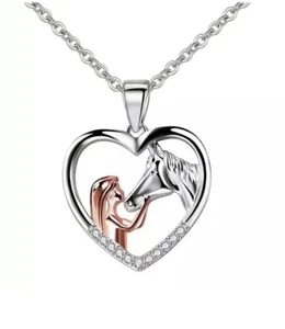 Horse Necklace Heart Shaped Girl Horse Rhinestones Pendant & Necklace Silver NEW - Picture 1 of 5