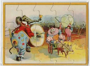 Antico puzzle da circo litografico per bambini, elefante e clown - Foto 1 di 2