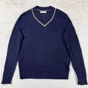 Brunello Cucinelli linen cable knit V neck current made in Italy 50 navy Used Ex - Picture 1 of 9