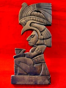 Handgeschnitzte Holz Maya-Azteken Design Wandrelief stilisierter Mann mit Kopfschmuck 12" - Bild 1 von 9