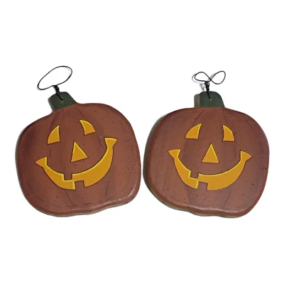Set of 2 Wood Pumpkins Halloween Jack-O-Lanterns Hanging Smiling Fall Wall Decor - Image 1 of 4