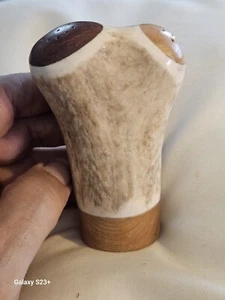 Handcrafted Salt & Pepper Shakers of Antler-Horn Combo Walnut-Ash Wood Tops - Picture 1 of 7