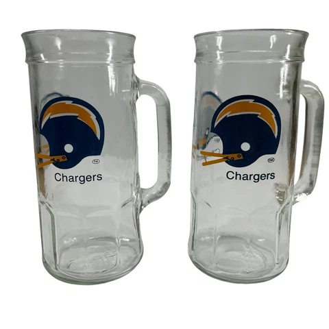 2 Vintage Fisher Peanuts NFL SD/LA Chargers Football Glass Beer Stein Cups Mugs Cover