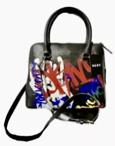 DKNY Women BRYANT Medium Black Multi GRAFFITI Satchel Bag Purse MSRP $198 NWT 👜 - Picture 1 of 8