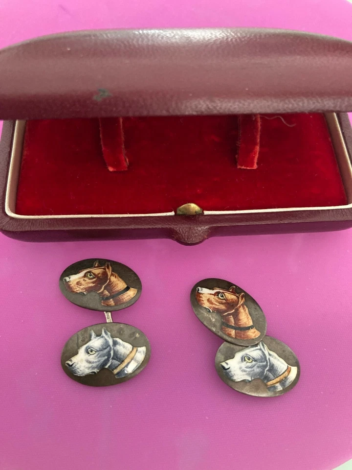 Gemelli antico argento Sterling con cani smaltati - Immagine 1 di 1