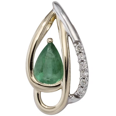 JOBO Anhänger 585 Gelbgold bicolor 6 Diamanten Brillanten 1 Smaragd grün Goldanh - Bild 1 von 3