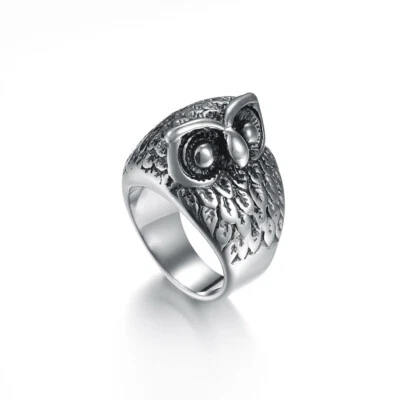 316L Anello IN Acciaio Inox Gufo Saggezza Nachtaktiv Uccello Argento Uomo Donna - Immagine 1 di 2