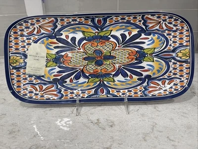 Artisan de Luxe SPANISH MOSAIC 14x6 Melamine Serving Tray Platter Blue Orange - Image 1 of 4