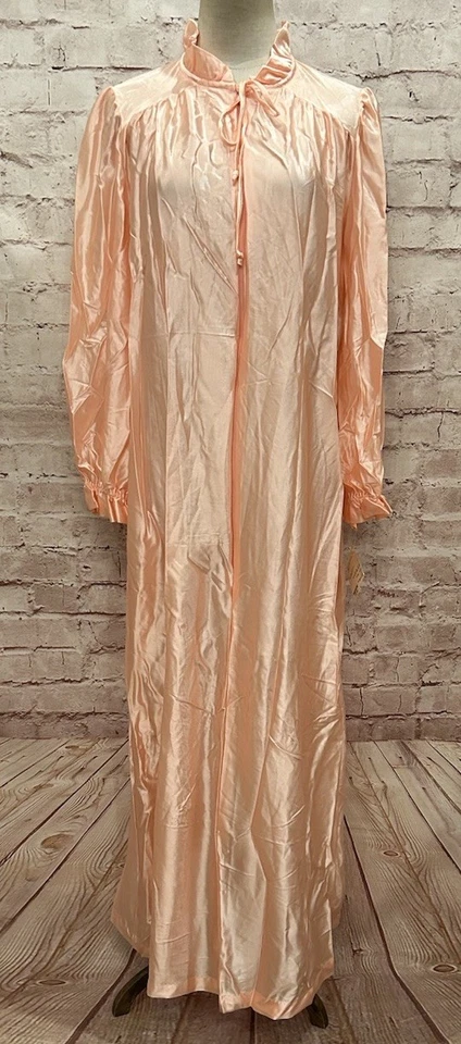 Bata de colección años 70 SEARS At Home Wear rosa brillante satinado cremallera frontal Mumu cuello alto Foto 1 de 4