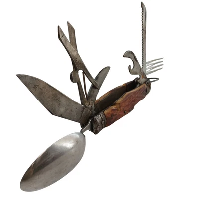 老式不锈钢口袋露营刀勺叉-木柄多工具 — 第 1/4 张图片