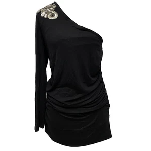 VERTIGO One Shoulder Sequin Bead Applique Top XL Black Ruched Glam Whimsigoth - Picture 1 of 10
