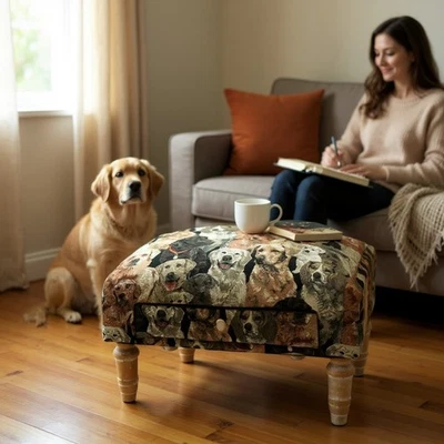 Dog Fabric Tapestry Ottoman Footstool With Drawer Lounge Padded Footstool - Image 1 of 4