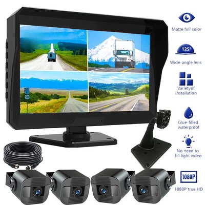 Backup Camera System 10.1in Quad Monitor DVR Recorder For Semi Truck Trailer - Image 1 of 4