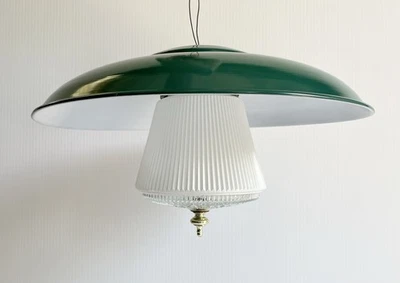 Pair Vtg Remcraft Green Metal & Frosted Ribbed Glass Industrial Pendant Lights - Image 1 of 4