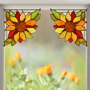 1 Pair Stained Glass Window and Door Sunflower Corner Tiffany Style Stained G... - Picture 1 of 7