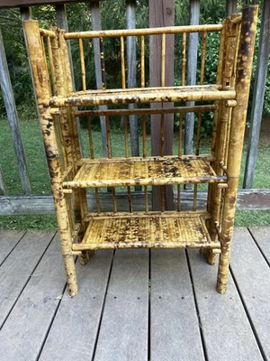 Estantería plegable vintage de bambú quemado tigre de 3 niveles bambú dividido etagere Foto 1 de 4
