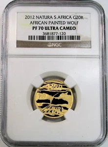 2012 GOLD SOUTH AFRICA 800 MINTED NATURA AFRICAN WOLF 20 RAND NGC PROOF 70 UC - Picture 1 of 3