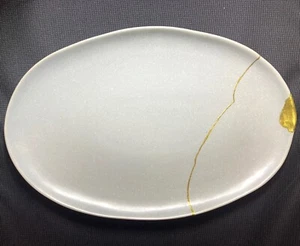 KINTSUGI WABI SABI OAKE GRAY CERAMIC SERVING PLATTER GOLD 15.24"x10.12 HAND MADE - Picture 1 of 8