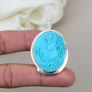 Genuine Cameo Turquoise Gemstone 925 Sterling Silver Top Quality Pendant Jewelry - Picture 1 of 5