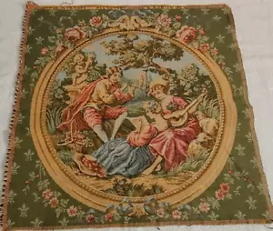 Vintage French Goblys Tapestry 20"x20" - Music Scene With Man Woman & Cherub - Picture 1 of 15