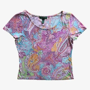 Vintage Y2K Women's Ralph Lauren Pink Paisley Print Top, T-Shirt Retro Funky 60s - Picture 1 of 5