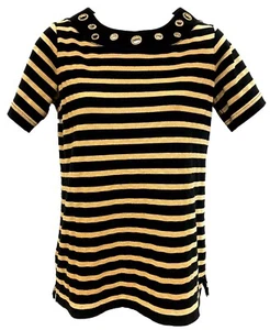 QUACKER FACTORY Sz XXS Blk & Metallic Gold Striped Rhinestone Grommet Women Top - Picture 1 of 5