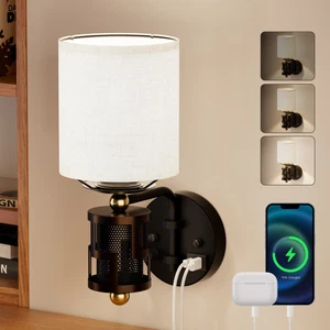 HYMELA Dimmable Wall Sconce Bedside Wall Lamp Fabric Shade Bronze Plug-in Light - Picture 1 of 9