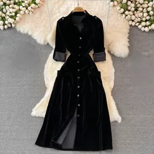 Lady French Velvet Dress Maxi V-neck Dress Fit Button Elegant Party Long Dress - Picture 1 of 12