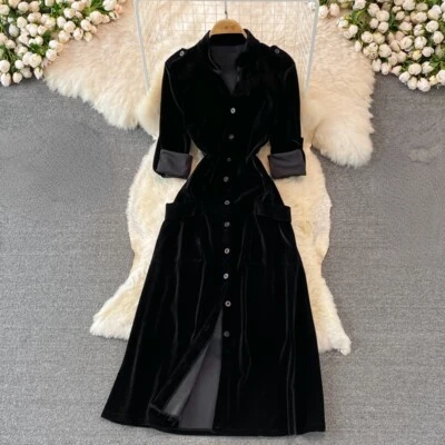 Lady Velvet Dress Maxi V-neck Dress Fit Button Elegant Party French Long Dress - Image 1 of 4