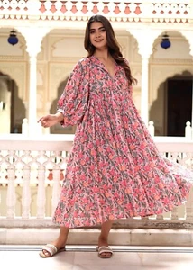 Kleid Hand Blockprint Mehrfarbig| Rot-Rosa Großer Blumen Print Midi Maxikleid| - Bild 1 von 51