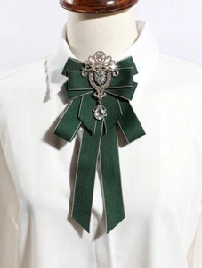 Elegant Green Rhinestone Bow Brooch, Vintage Ribbon Tie for Blouse & Blazer  - Picture 1 of 5