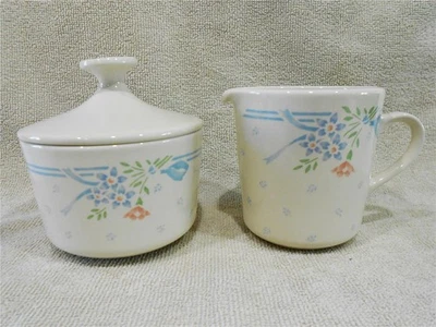 🌸CORELLE Corning SYMPHONY CREAM & SUGAR SET *Stoneware Sandstone Blue Floral - Image 1 of 4