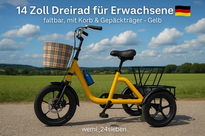 UESUENYENS 14 Zoll Dreirad Klappbar für Erwachsene mit Korb und Träger Gelb - Bild 1 von 4