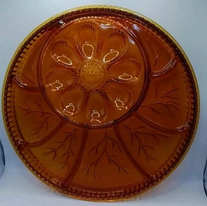 VTG Indiana Glass Amber Tree Life Deviled Egg Relish Serving Dish Plate Tray 13" - Picture 1 of 5