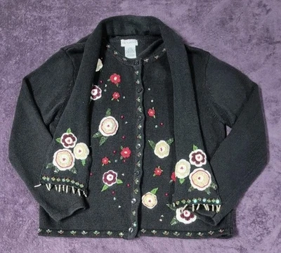 复古奶奶核心毛衣和围巾 XL 码白色鹿花串珠条纹波西米亚 2 件 — 第 1/4 张图片