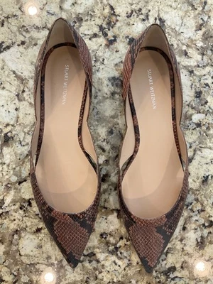 NWOB Stuart Weitzman Avenue Snake-Embossed Leather Pointed Toe Flats, Brown, 9 - Image 1 of 4