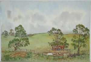 Acuarela John Flexmore, ""Horses at the Dam"", 1988. Sin marco - Imagen 1 de 5