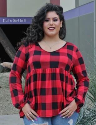 New PLUS SIZE Womens RED BLACK PLAID BABYDOLL PUFF SLEEVE SHIRT TUNIC 1X 2X 3X - Image 1 of 4