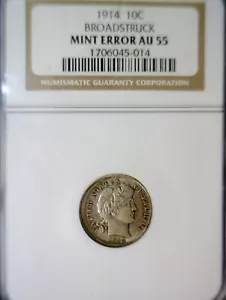 1914 ERROR NGC AU55 Broad Struck OFF CENTER Barber SILVER Dime NICE O/C BS Coin - Picture 1 of 4