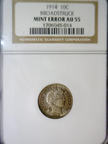 1914 ERROR NGC AU55 Broad Struck OFF CENTER Barber SILVER Dime NICE O/C BS Coin Cover