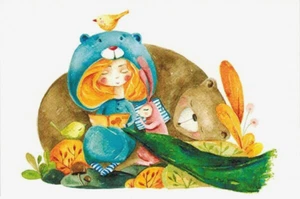 Ksenya Markevich Girl reads AUTUMN TALES to animals Russian postcard - Bild 1 von 1