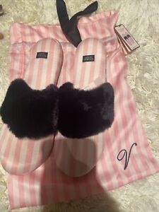 VS Victoria Secret Signature Satin Fur Slippers Pink White Stripes M (7-8)
