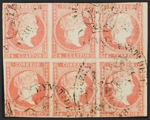 Castilla y León. Filatelia. º USADO 48(6). 1856. 4 cuartos rojo, bloque de seis - Imagen 1 de 1