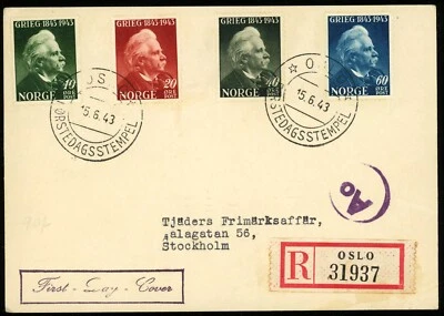 Norway #255-258 Edvard Grieg FDC 1943 First Day Issue Registered Cover WWII - Image 1 of 2