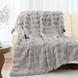 Faux Fur Electric Heated Throw Blanket, 50"x60", 6 Heat Levels, Gray - Picture 1 of 12