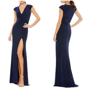 Mac Duggal NWT 26504 V-neck Ruched Jersey Gown Size 10 Navy Blue Cap Sleeve - Picture 1 of 9
